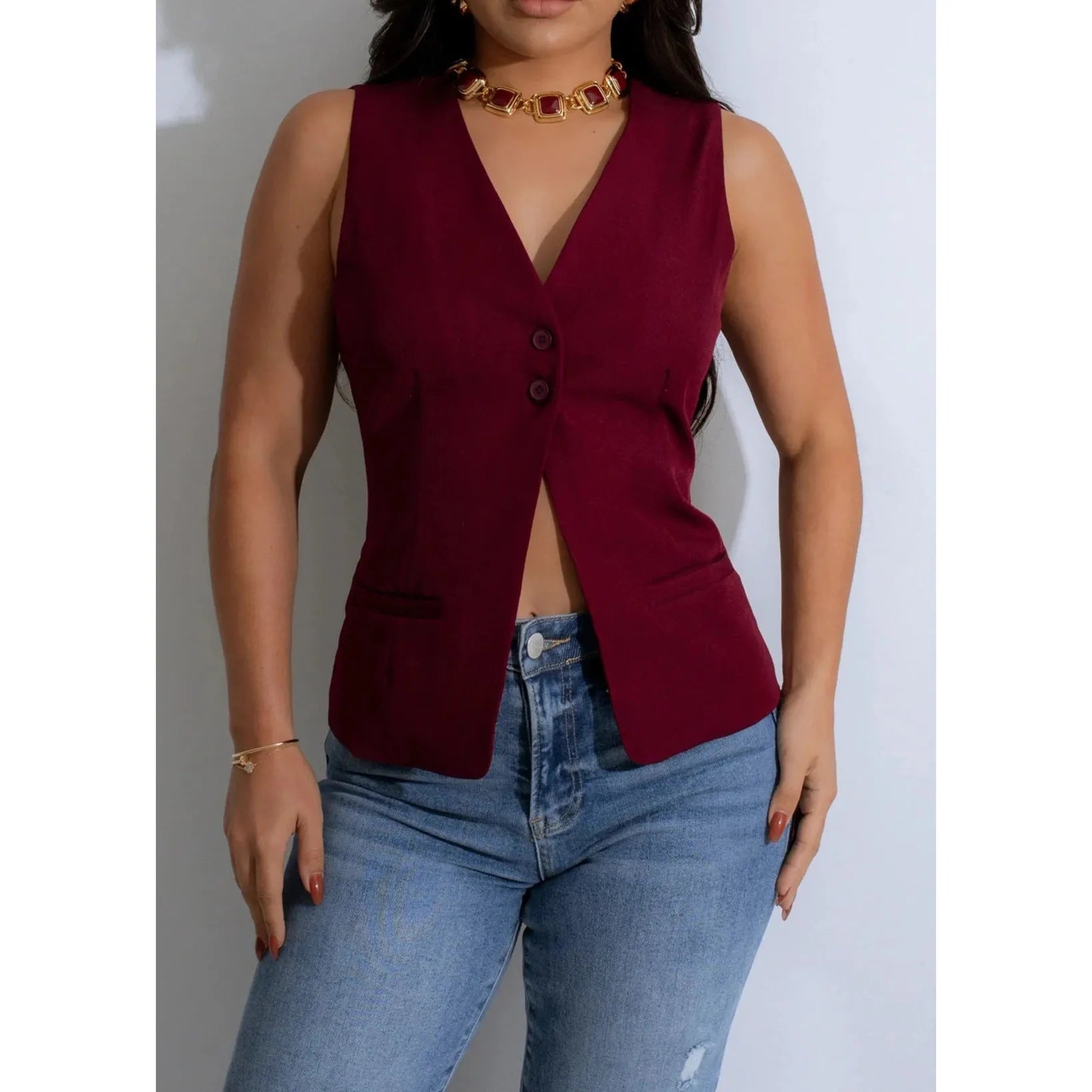 Sleeveless Burgundy  Long Vest Top With V Neck Front Button Closure and Front side faux pockets