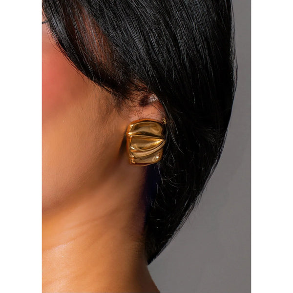 Stainless Steel Gold sculptural earrings featuring a sleek wave design