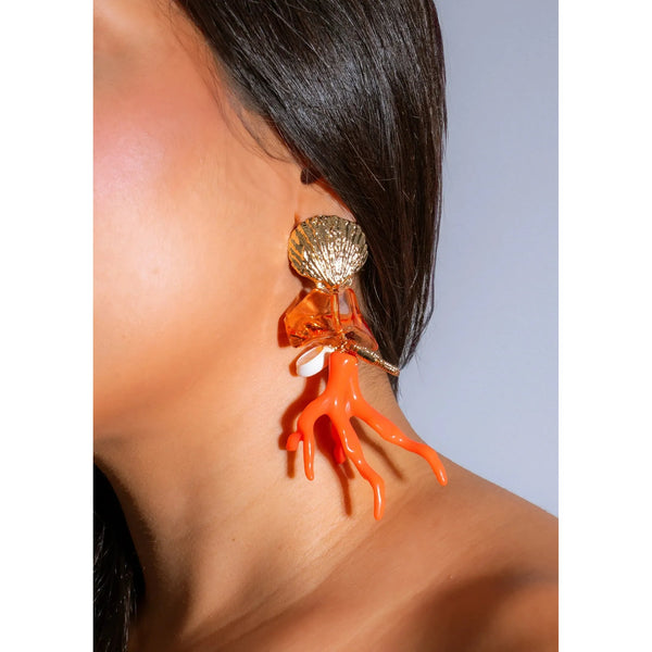 GOLD SHELL STUD WITH ORANGE DANGLING CORAL LIKE FORMATION EARRINGS 