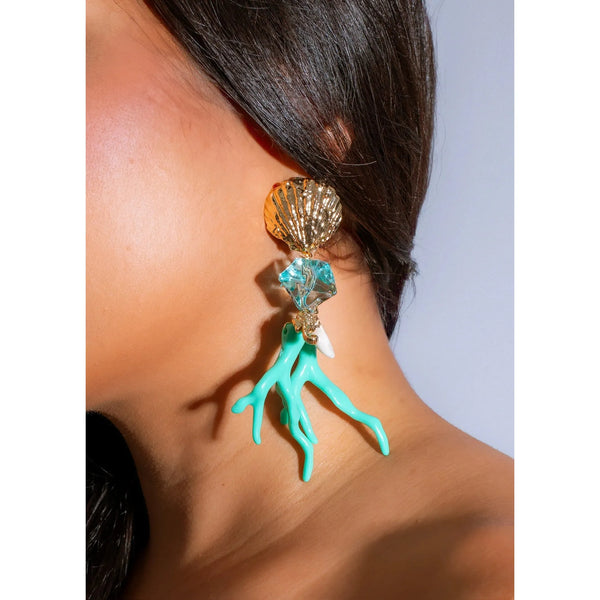 GOLD SHELL STUD WITH GREEN DANGLING CORAL LIKE FORMATION EARRINGS 