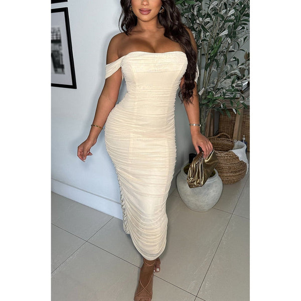 Nude ruched off-shoulder drape sleeve design midi dress with gathered and ruched accents create a flattering figure-hugging silhouette. A comfortable inner lining and back zipper closure