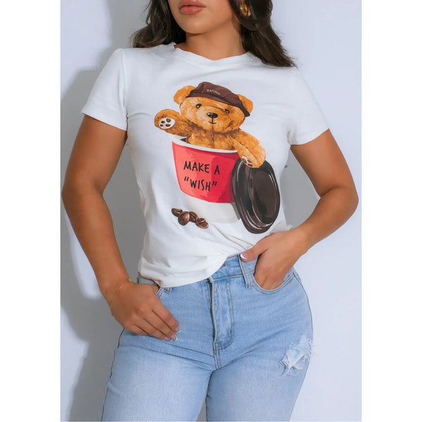 WHITE SHORT SLEEVE GRAPHIC TEE LONG TOP WITH A TEDDY BEAR IN A BARISTA COFFEE CUP WITH COFFEE BEANS