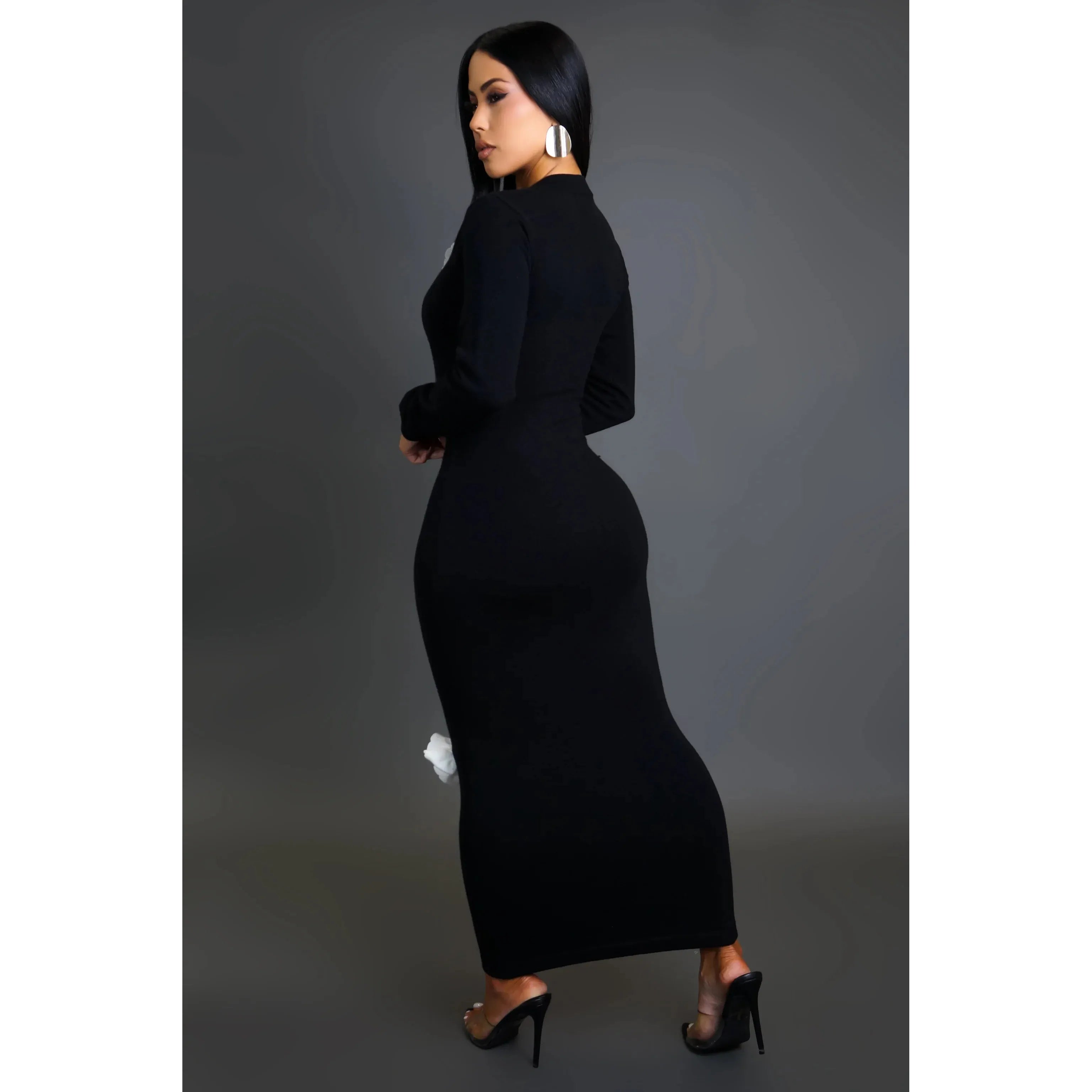 Black Long sleeve crew neck bodycon Knit Sweater Maxi Dress with white 3d floral applique 