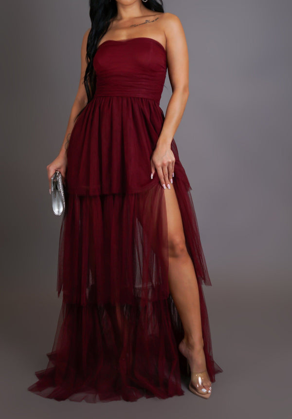 Sweetheart Strapless Tulle High Slit Maxi Gown Red