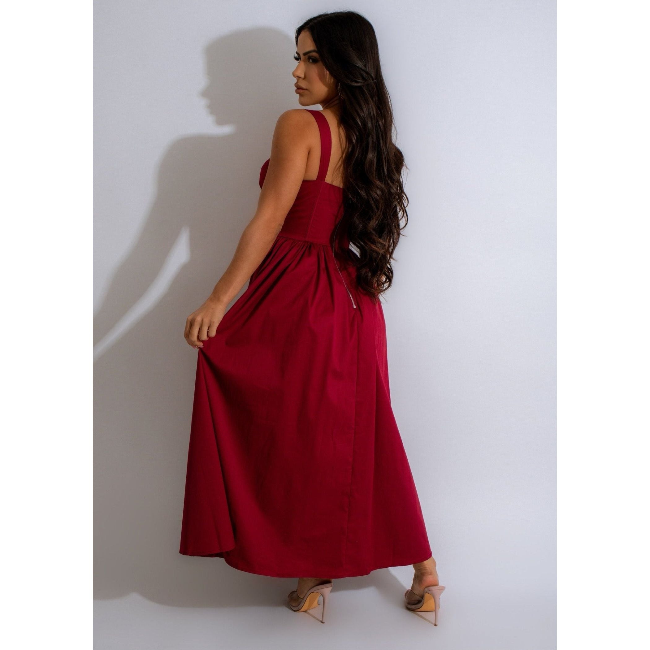 Red Flare Ankle Length Maxi dress with adjustable bow at the chest and the cinched waistline of the corset bodice style. Adjustable straps for comfort