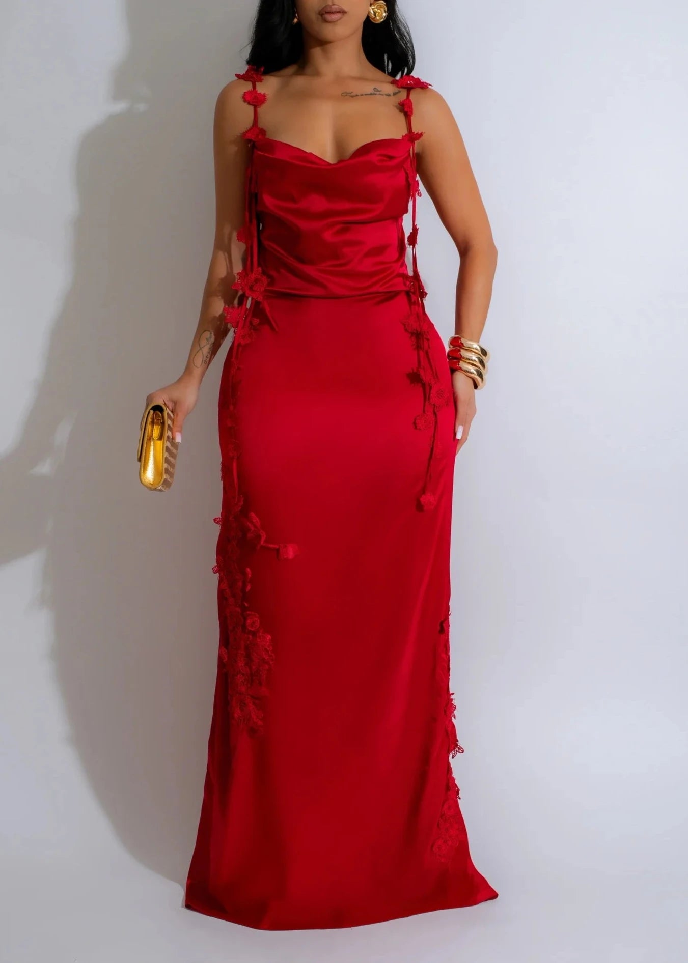 Crimson Dahlia Satin Maxi Dress Red