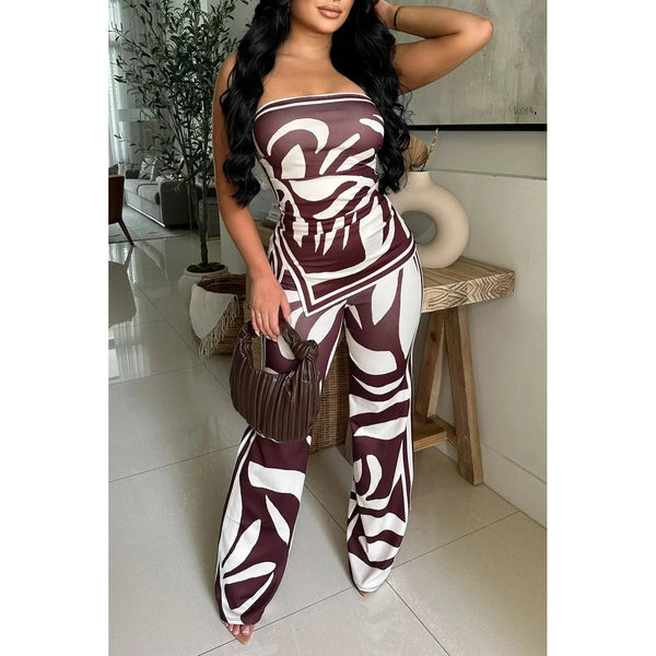 Brown and cream leaf printed pant set with matching tube top with asymmetrical hem 