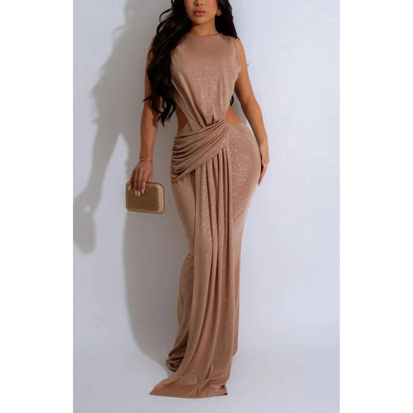 Sleeveless Nude shimmery maxi dress with cascading front draping design and side cut outs .