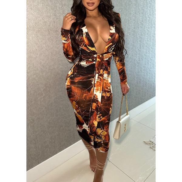 Luxurious Fall hues watercolor print Midi Dress with elegant fitted long sleeves, plunging neckline, waist gathers and front draping  design which accentuates curves .